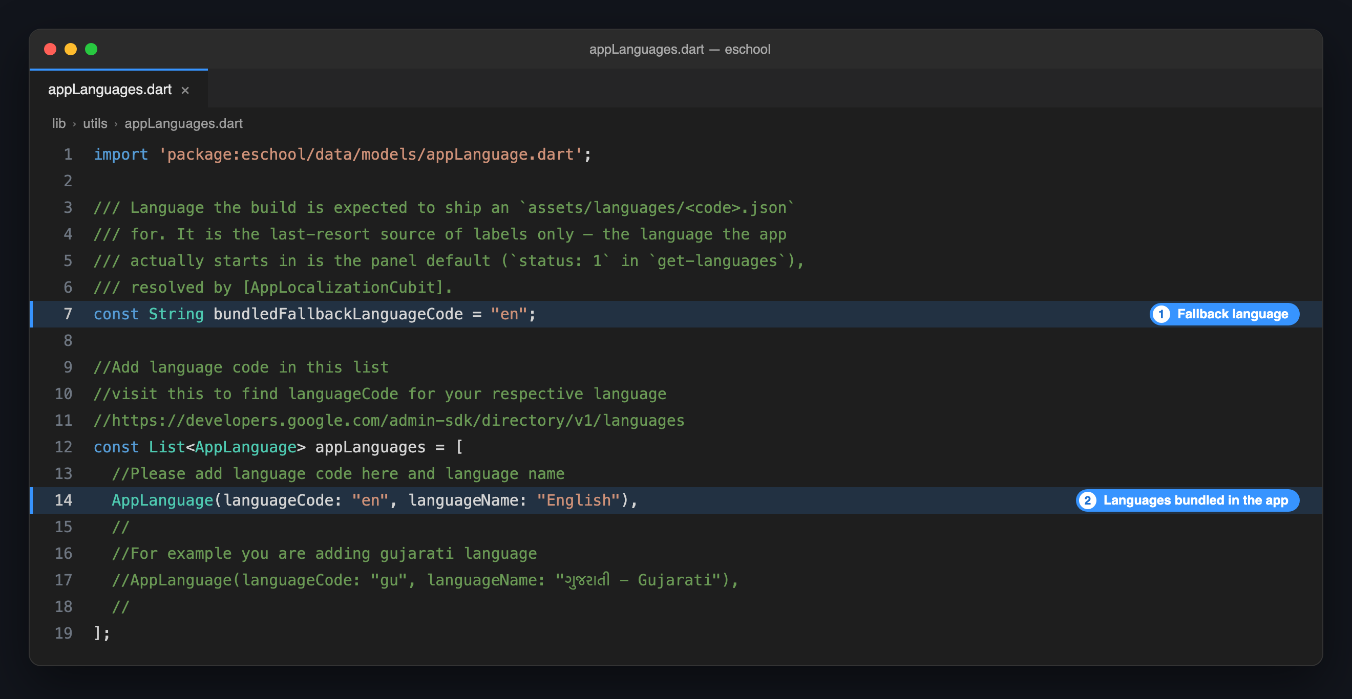 appLanguages.dart: the fallback language and the bundled languages